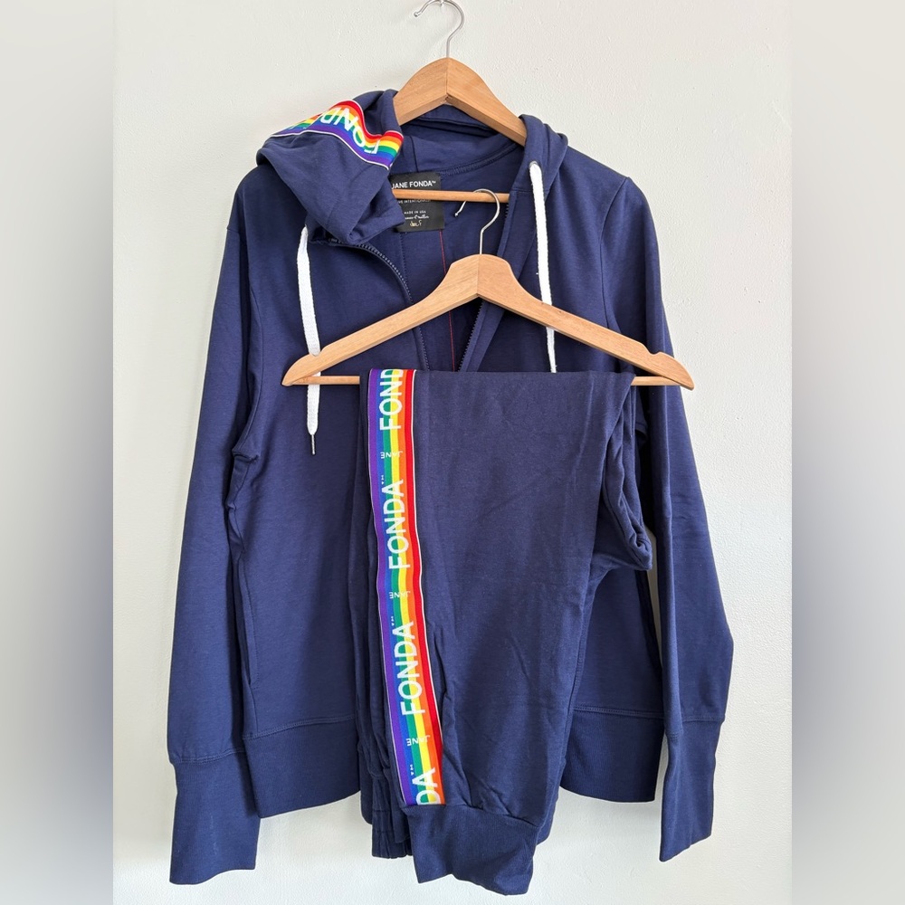 Navy Jane Fonda Hoodie and Jogger Set with Rainbow Detail